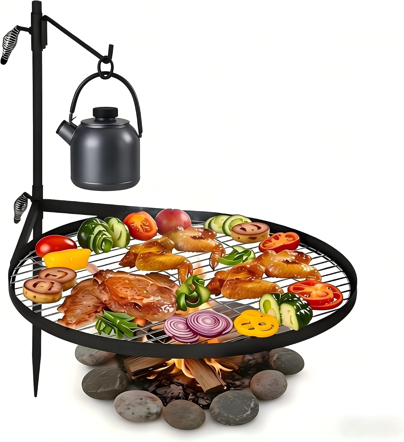 24 inch Campfire Grill Grate-Portable Round Fire Pit Grill Grate-Easy Setup & Adjustable Height Fire Pit Cooking Grate-Camp Fire Cooking Equipment For Outdoor Camping,Backyard,Picnic & Bonfire