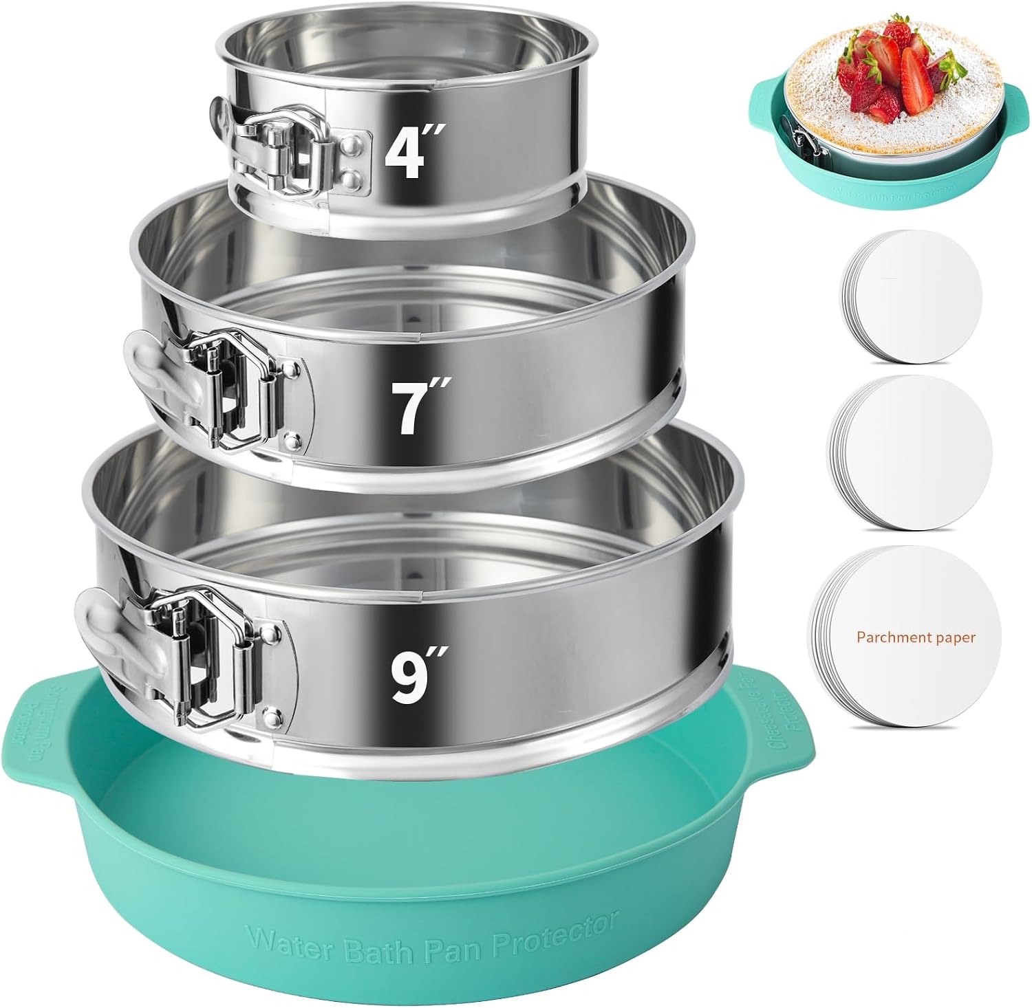 4, 7, 9 Inches Springform Pan Set of 3 – 304 Stainless Steel Nonstick Springform Cake Pan Set with Removable Bottom, 10 Inch Leakproof Silicone Cheesecake Pan Protector with 60 Pcs Parchment Paper