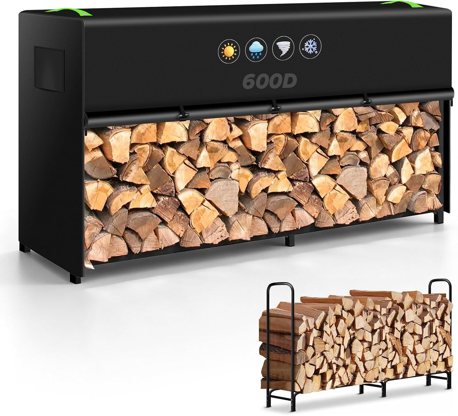 8ft Firewood Rack Cover, Heavy Duty 600D Wood Rack Covers Outdoor Waterproof, Log Rack Cover with Dual Zippers & Reflective Handles (95x25x45 in)