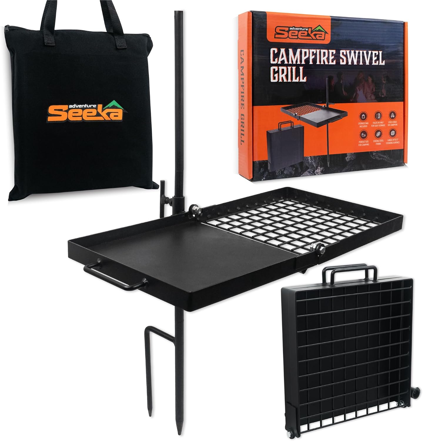 Adventure Seeka 24″ Heavy Duty Folding Campfire Grill, Compact Swivel Grill Design, Food-Safe Cooking Surface, Grate & Griddle for Campfire Cooking, Australian Owned