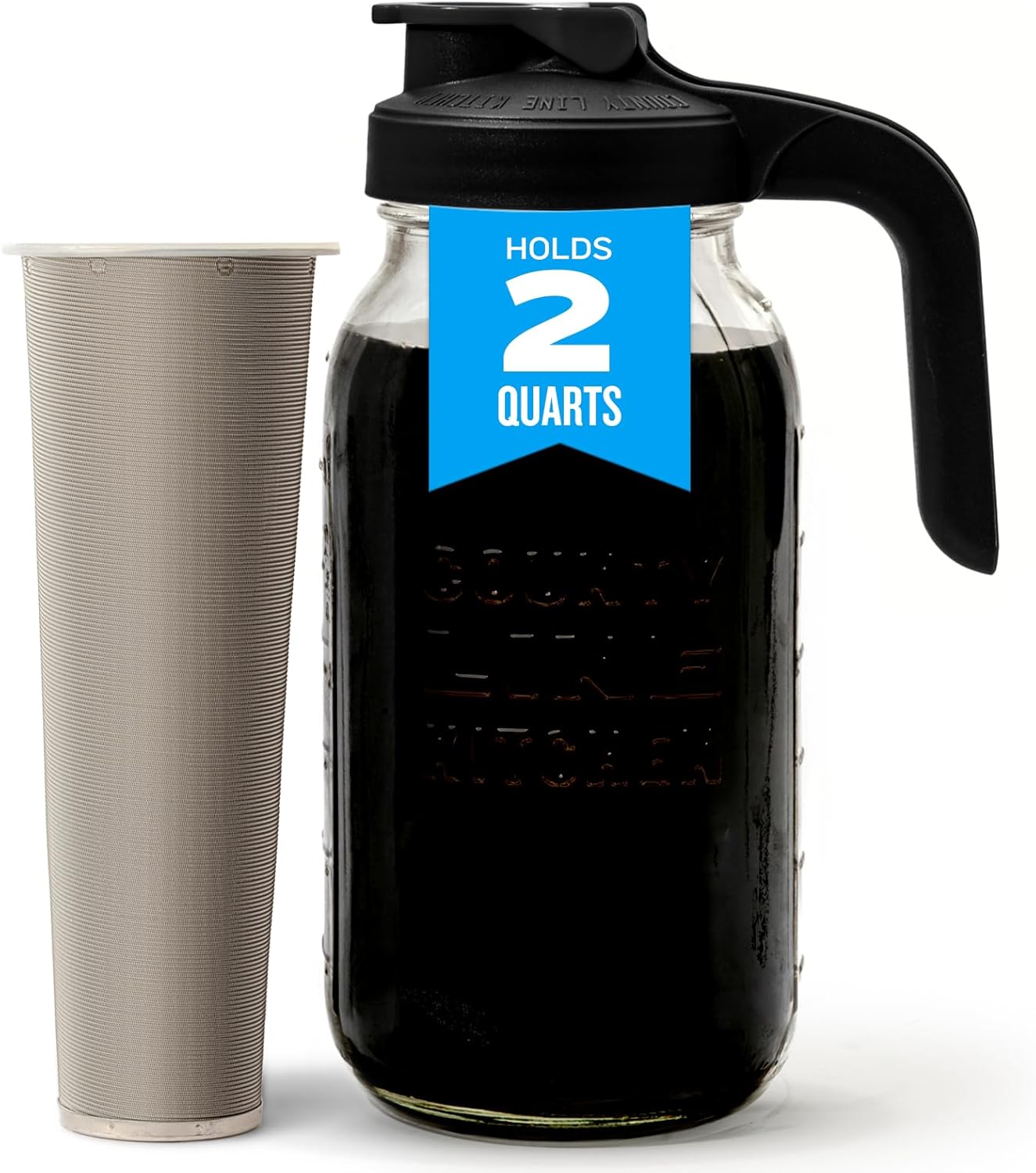 County Line Kitchen 64 oz Glass Cold Brew Coffee Maker with Leak-Proof Lid, Wide Mouth Mason Jar – Iced Coffee and Tea Pitcher – Black