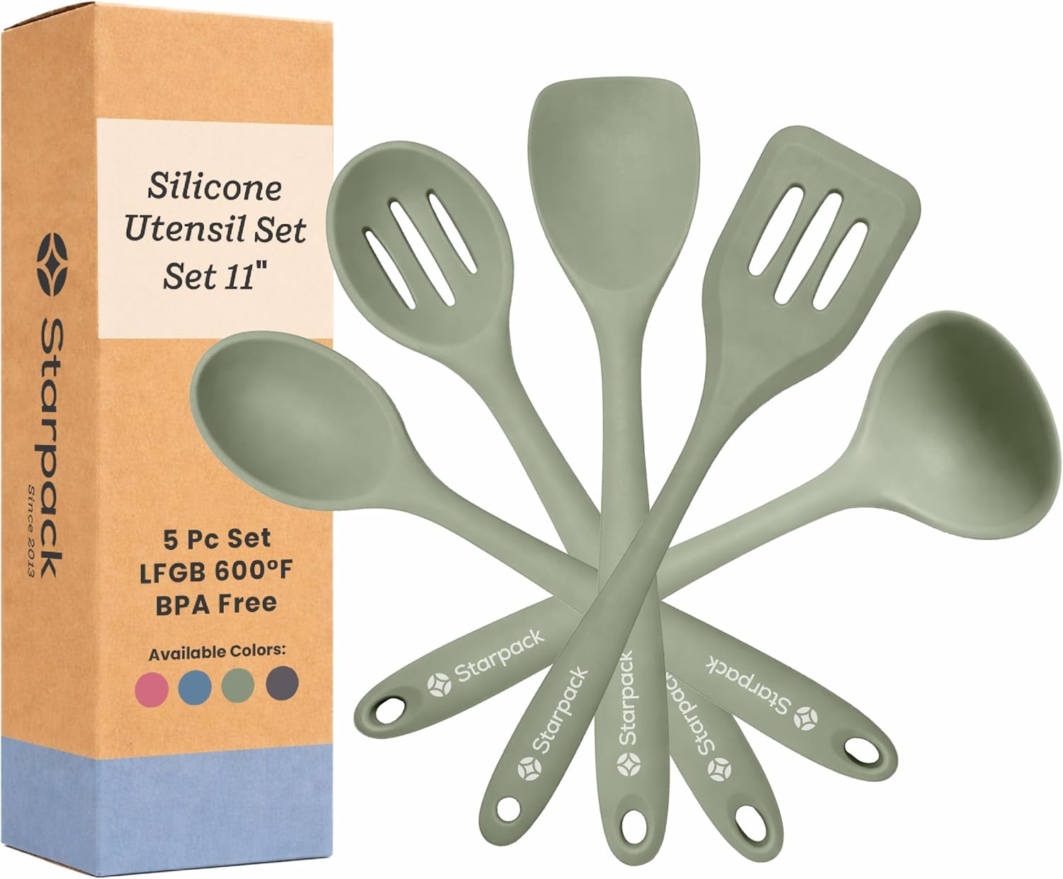 Starpack Stir and Serve Silicone Cooking Utensils Set (5-Piece, 11″) – LFGB Non Toxic, 600°F Heat Resistant, BPA-Free – One-Piece Seamless, Dishwasher Safe – for Nonstick Cookware, Sage Green