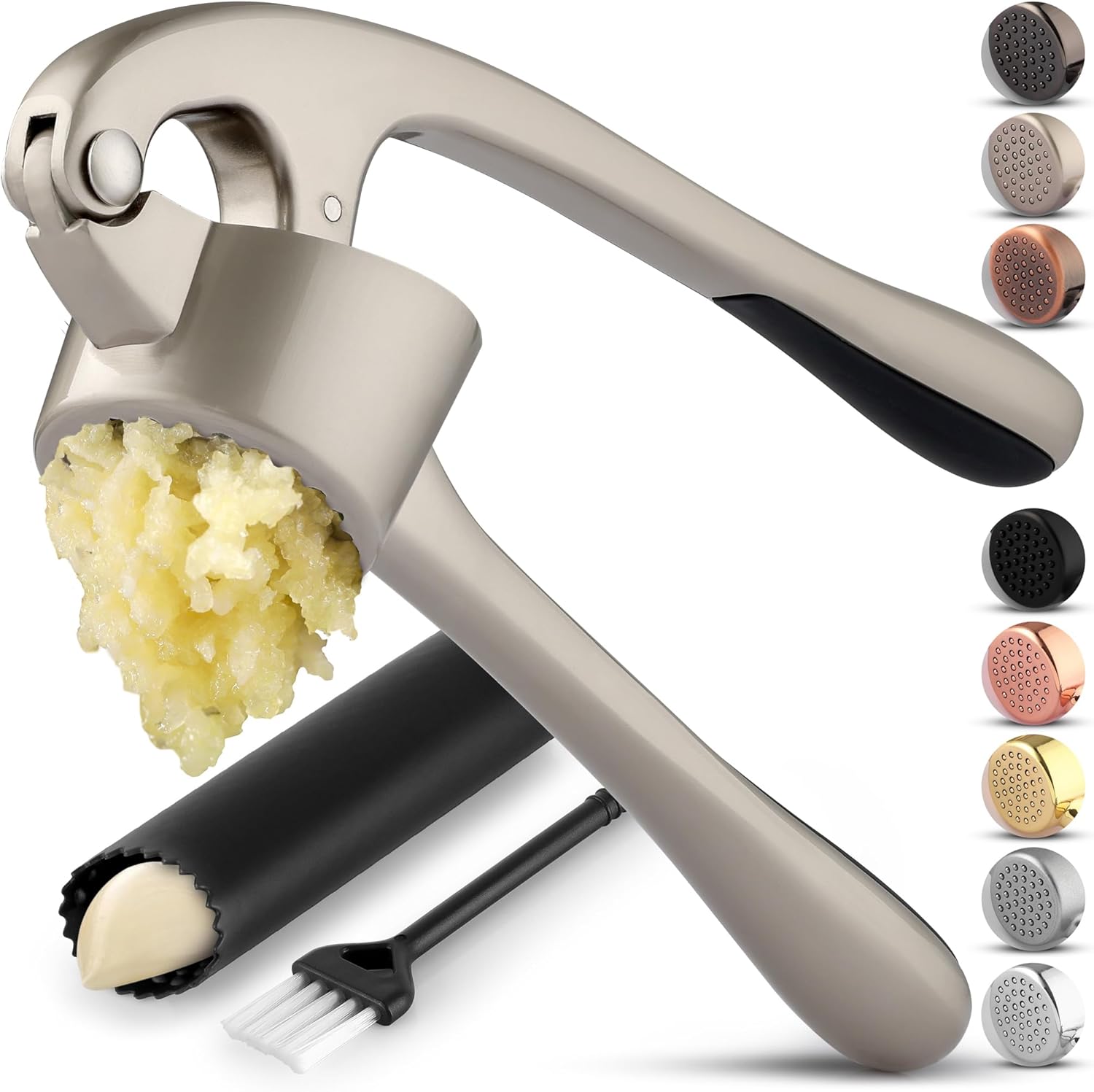 Zulay Kitchen Large Premium Garlic Press Set – Bigger Bowl for Bigger Garlic – Rust Proof Garlic Mincer Tool – Easy-Squeeze, Easy-Clean Silicone Garlic Peeler & Brush (Silver)