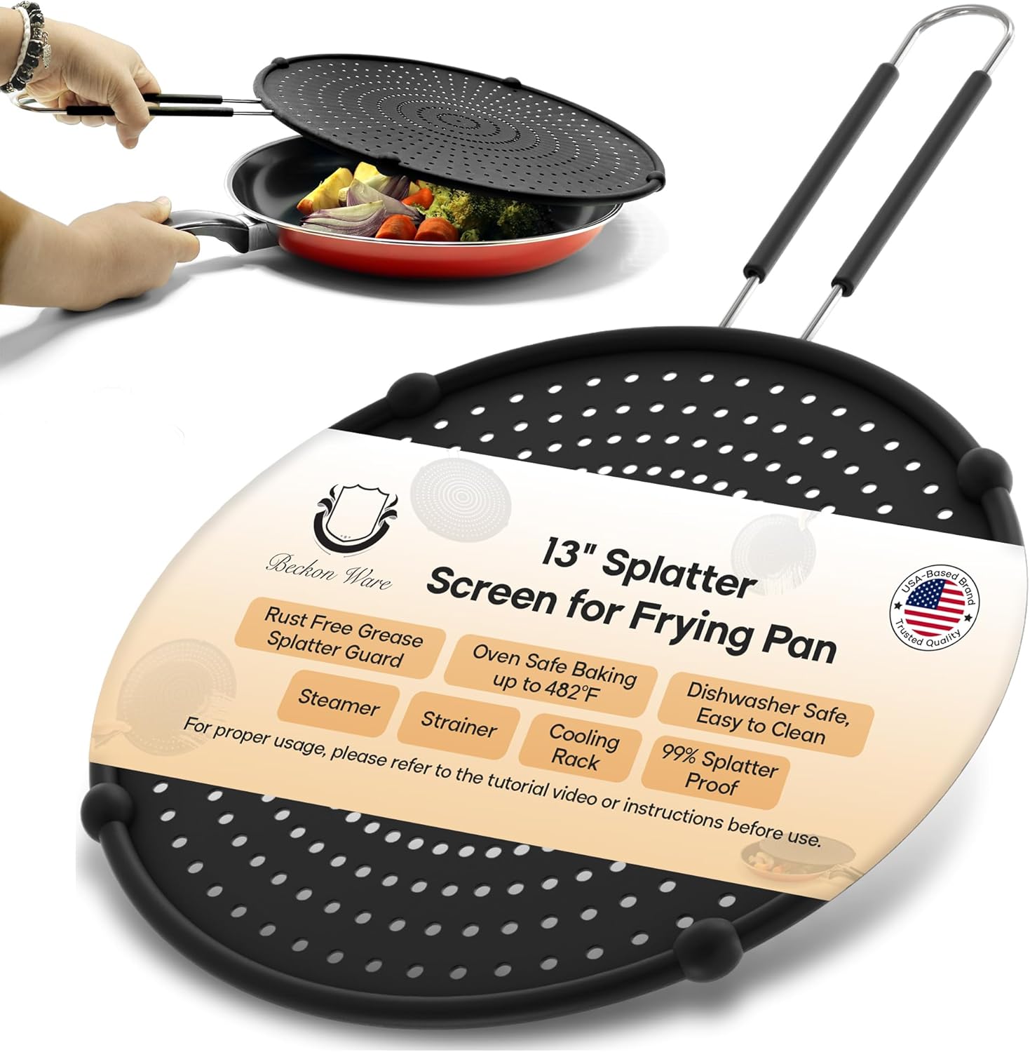 13-Inch Splatter Screen for Frying Pan – Silicone Grease Splatter Guard for 12″-13″ Panss – |USA Brand|, Black | oven safe