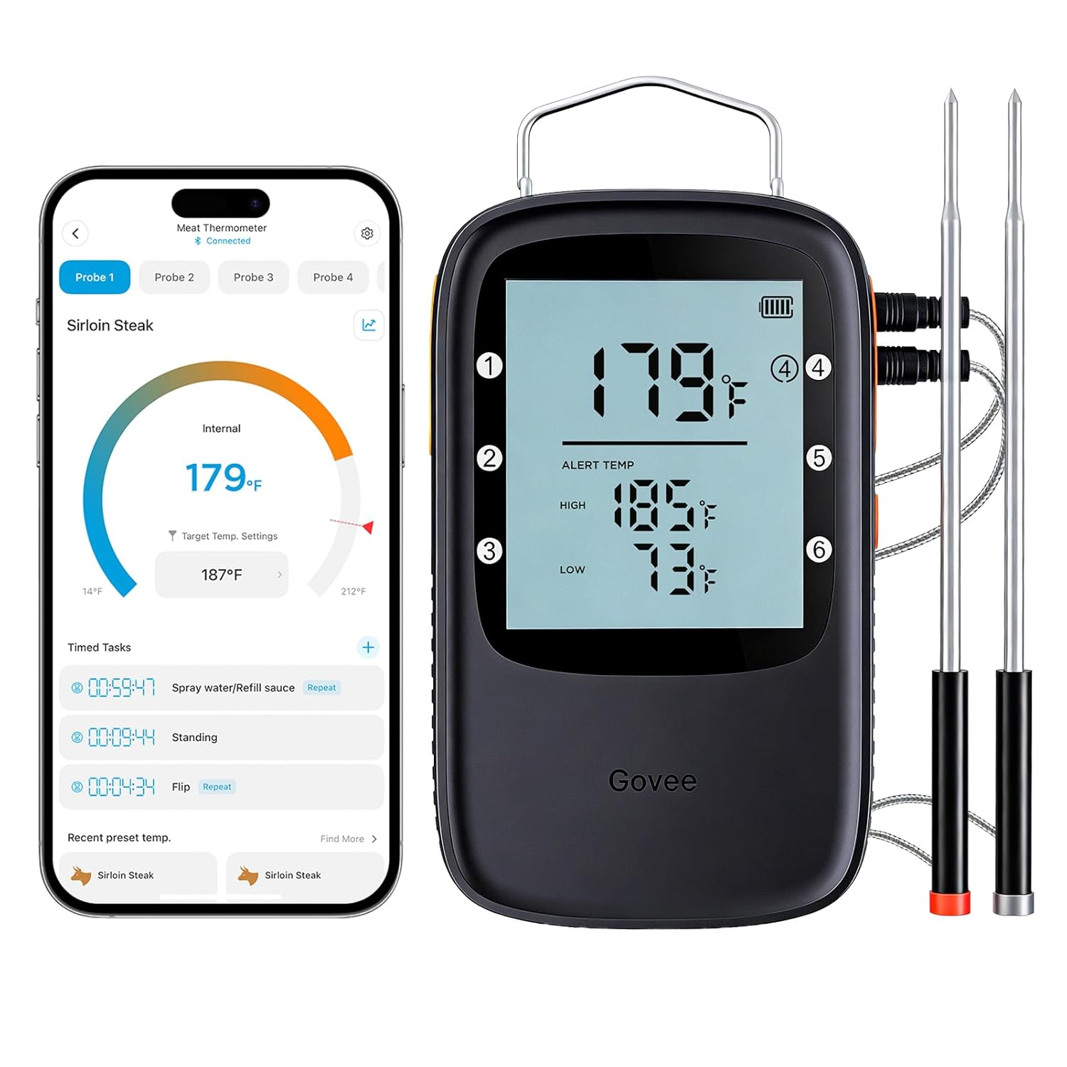 Govee Bluetooth Meat Thermometer, Wireless Meat Thermometer for Smoker Oven, Digital Grill Thermometer with 2 Probes, Timer Mode, Smart LCD Backlight BBQ Thermometer for Cooking Turkey Fish Beef