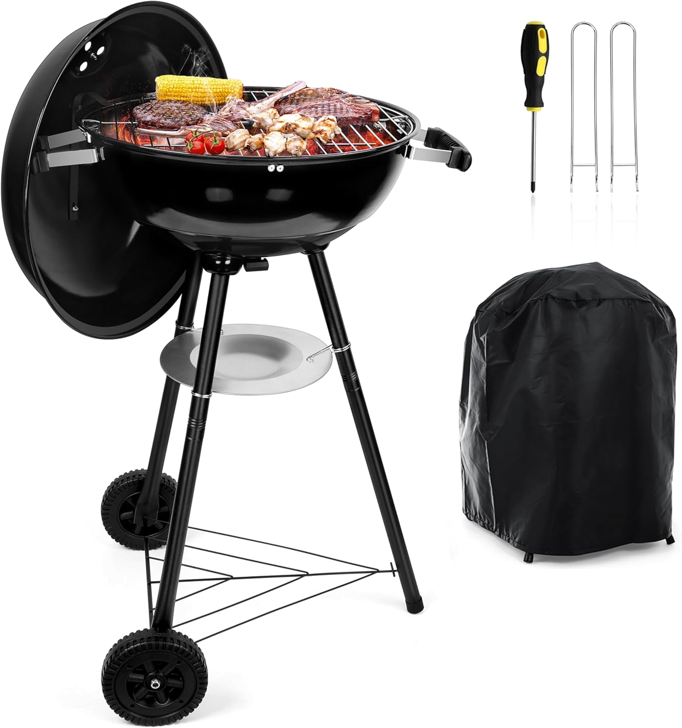 HaSteeL 18 Inch Charcoal Grill, Black Kettle Outdoor Barbecue Grill, 2-In-1 Portable BBQ Grill with Wheels for Camping Backyard Patio Picnic, Porcelain-Enameled Lid & Fire Bowl, 254.SQ.IN Cooking Area