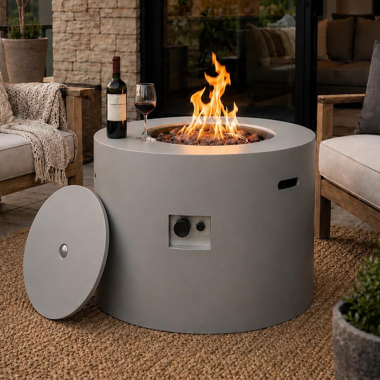 32″ Round Propane Fire Pit Table with Lid, Alloy Steel Smokeless Outdoor Patio Dining Firepit 50,000 BTUs, Lava Rocks, Weatherproof Cover, CSA Safety Certified, for Wooden Deck, Backyard Pool, Grey