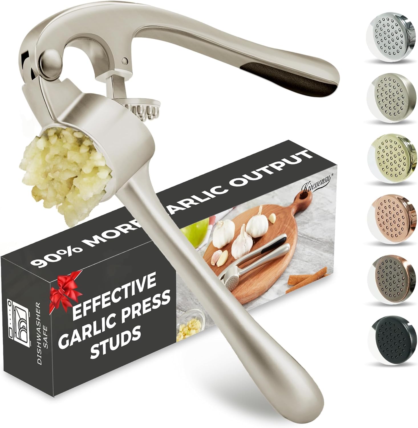 Kitessensu High Effective Garlic Press With Studs, Heavy Duty Garlic Mincer, Easy to Squeeze and Clean, Rust Proof, Ginger Crusher- Imperial Silver