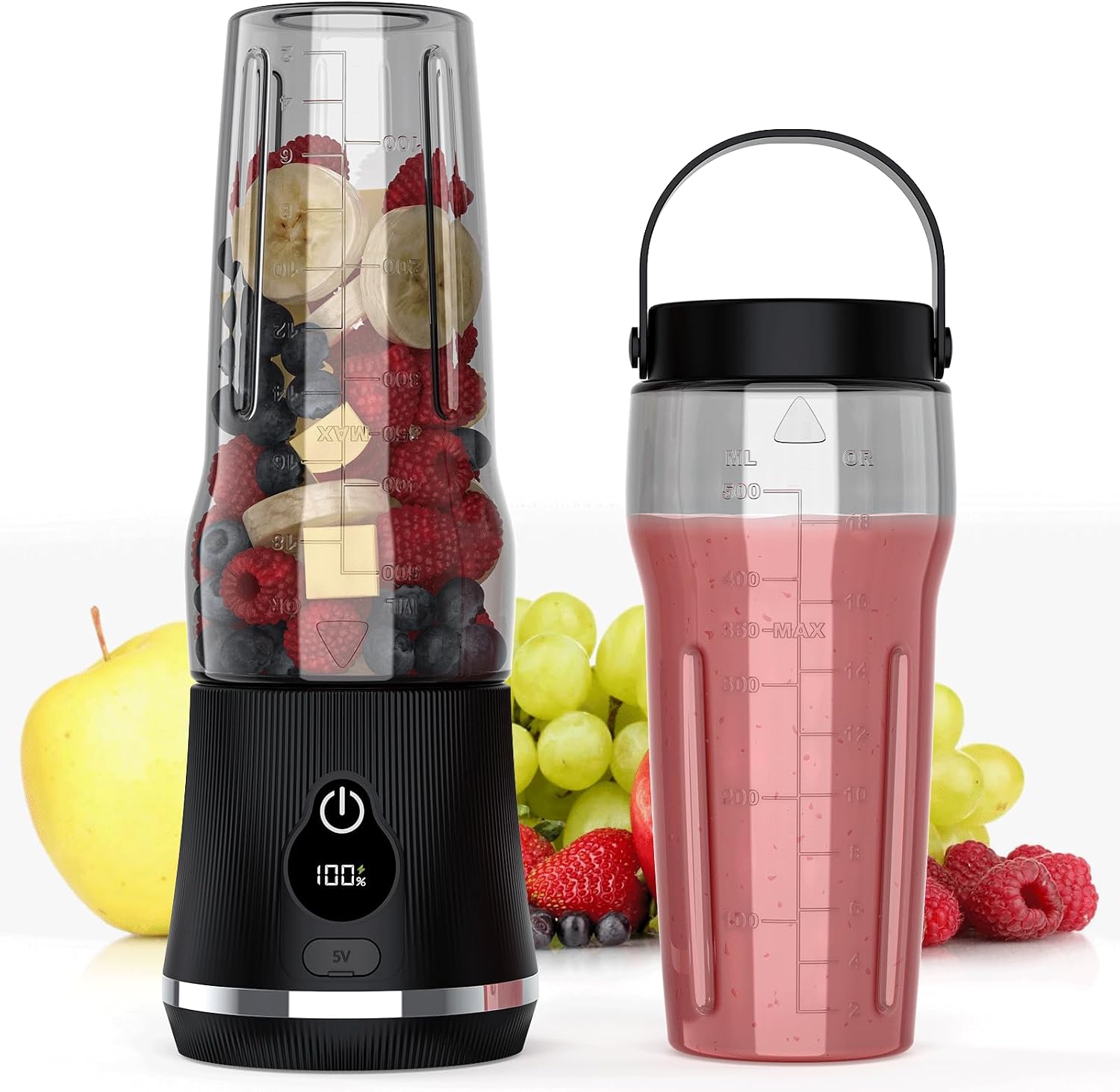 Portable Blender for Smoothies & Shakes, 17oz Personal Blender with 6 Stainless Steel Blades, USB-C Rechargeable, LED Display, Compact Travel Juicer with Extra Lid for Gym, Office & On-the-Go, Black