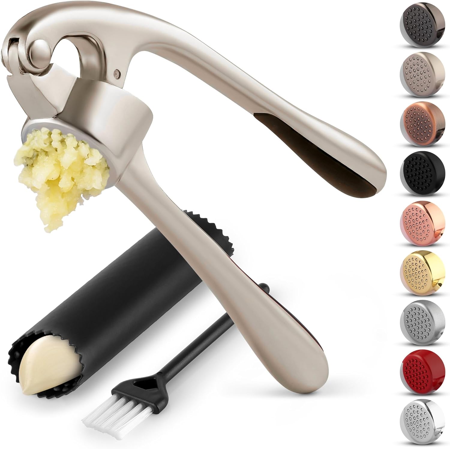 Zulay Kitchen Premium Garlic Press Set – Rust Proof Professional Garlic Mincer Tool – Easy-Squeeze, Easy-Clean with Soft, Ergonomic Handle – Silicone Garlic Peeler & Brush (Silver)