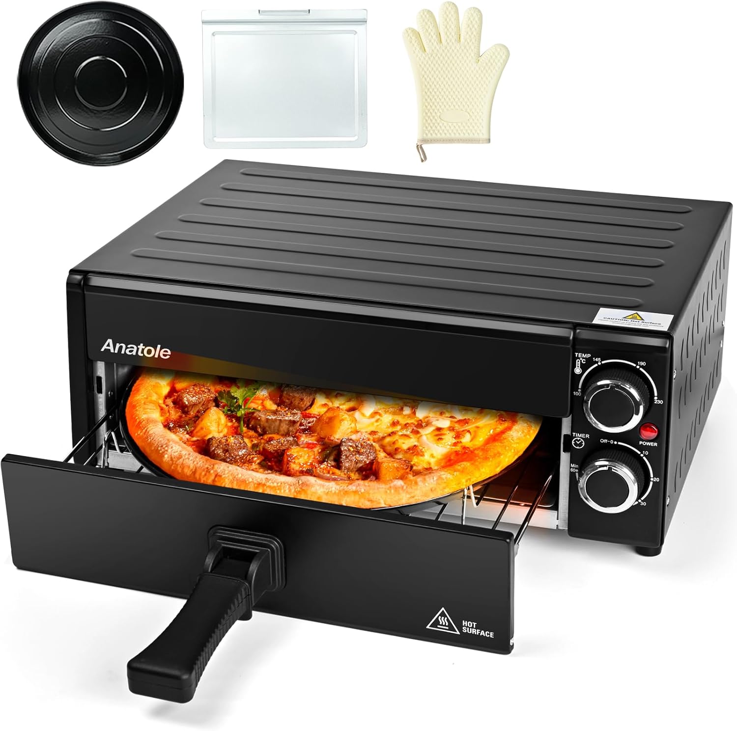 Anatole Electric Pizza Oven 12″ 1800W Indoor Countertop Pizza Maker Time Temperature Adjustable Multifunctional Pizza Cooker with Removable Grill Crumb Tray ETL Certified