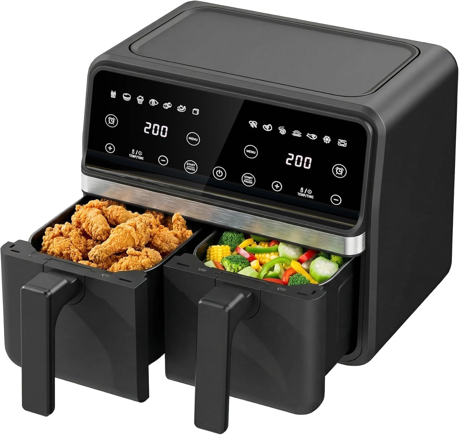 Ludatido 9QT Large Double Air Fryer, 10-in-1 Dual Basket Air Fryer with Match Cook & Sync Finish, 2 Independent Frying Baskets for Roast, Broil, Dehydrate, Fast & Simple Cooking, Black