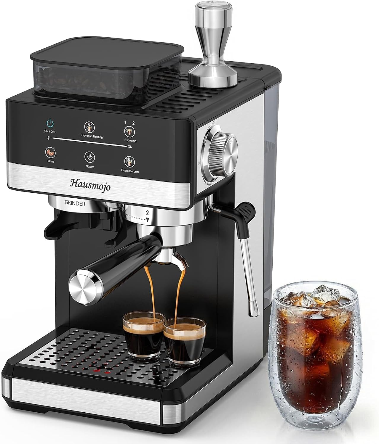 Espresso Machine with Grinder & Milk Frother, 20 Bar | Features 20 grind settings, 61oz removable tank, 20-bar pump & steam frother for espresso, latte, cappuccino or cold brew