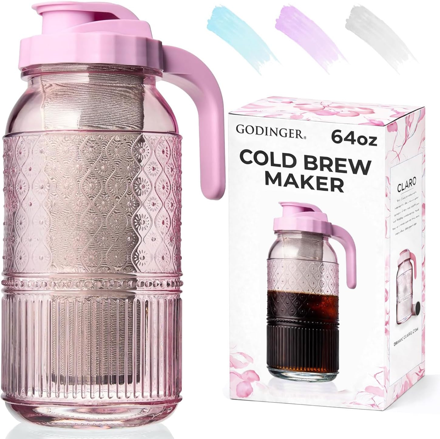 Cold Brew Coffee Maker 64 oz – Airtight Glass Mason Jar Pitcher Brewer with Leak-Proof Lid & Handle, Wide Mouth Iced Coffee Maker, Vintage Kitchen Decor – Blush