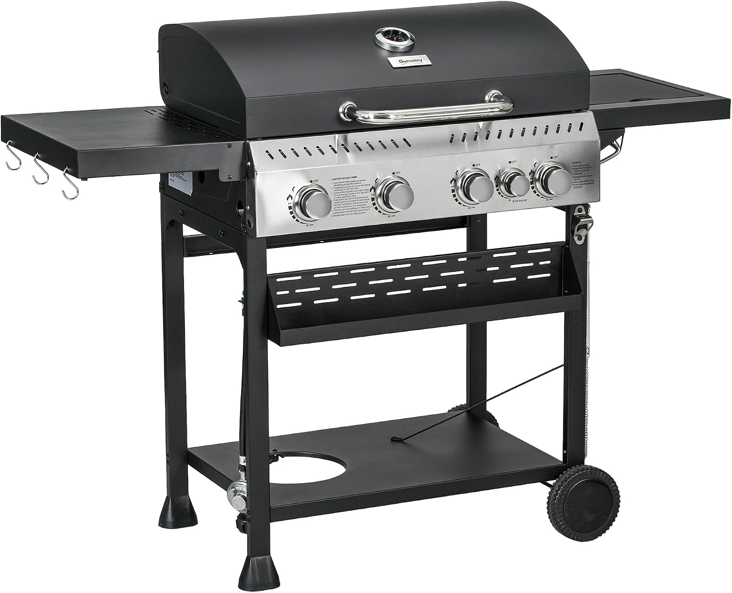 Outsunny 4 Burner Propane Gas Grill with Side Burner, 40,000 BTU Outdoor Barbeque Grill with 407 sq in Cooking Area, Wheels, Warming Rack, Shelves, Thermometer, Bottle Opener, Black