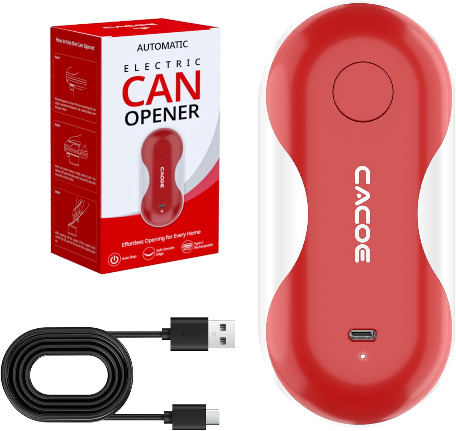 CACOE Automatic Smart Electric Can Opener with Auto Stop & USB-C Charging – Cordless Can Opener for Elderly and Arthritic Users for Seniors & Arthritis, Effortless One-Touch Open (red)