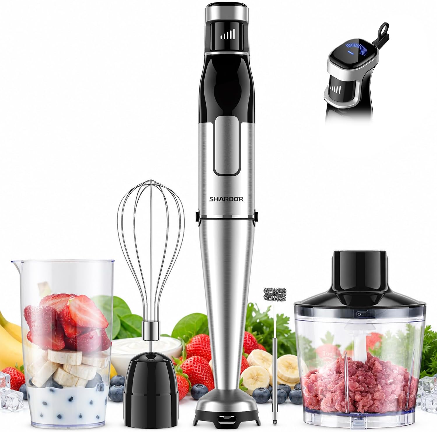 SHARDOR Immersion Blender Handheld, 1100W Hand Blender with Variable Speed, 5-in-1 Stick Blender Stainless Steel Shaft with Chopper, Whisk, Frother & Beaker for Soup, Sauces, Smoothies, Baby Food