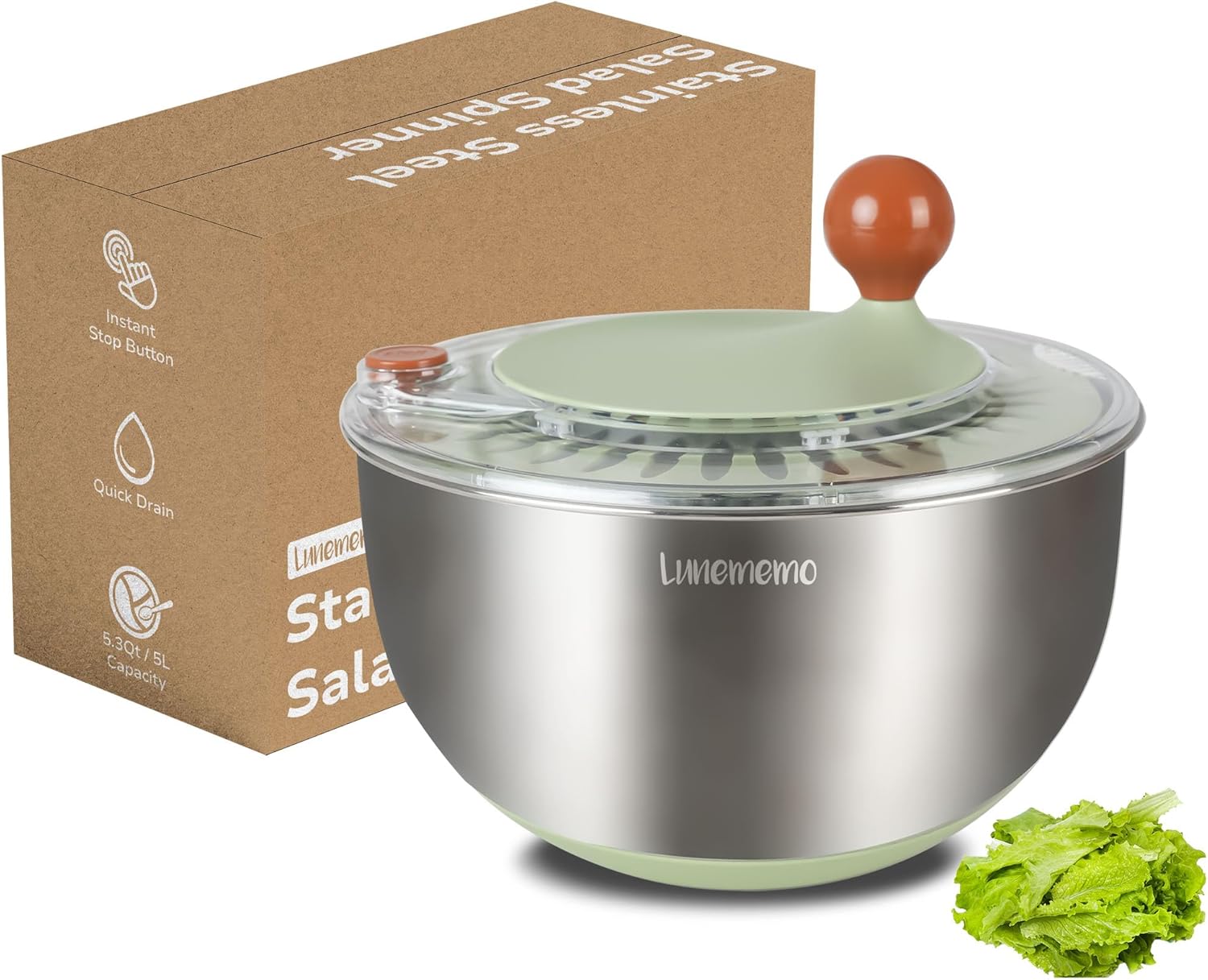 Lunememo Stainless Steel Salad Spinner, Lettuce Spinner with Drain, Non-Slip Base, Stop Button, Vegetable Dryer, BPA Free, 5.3 Qt