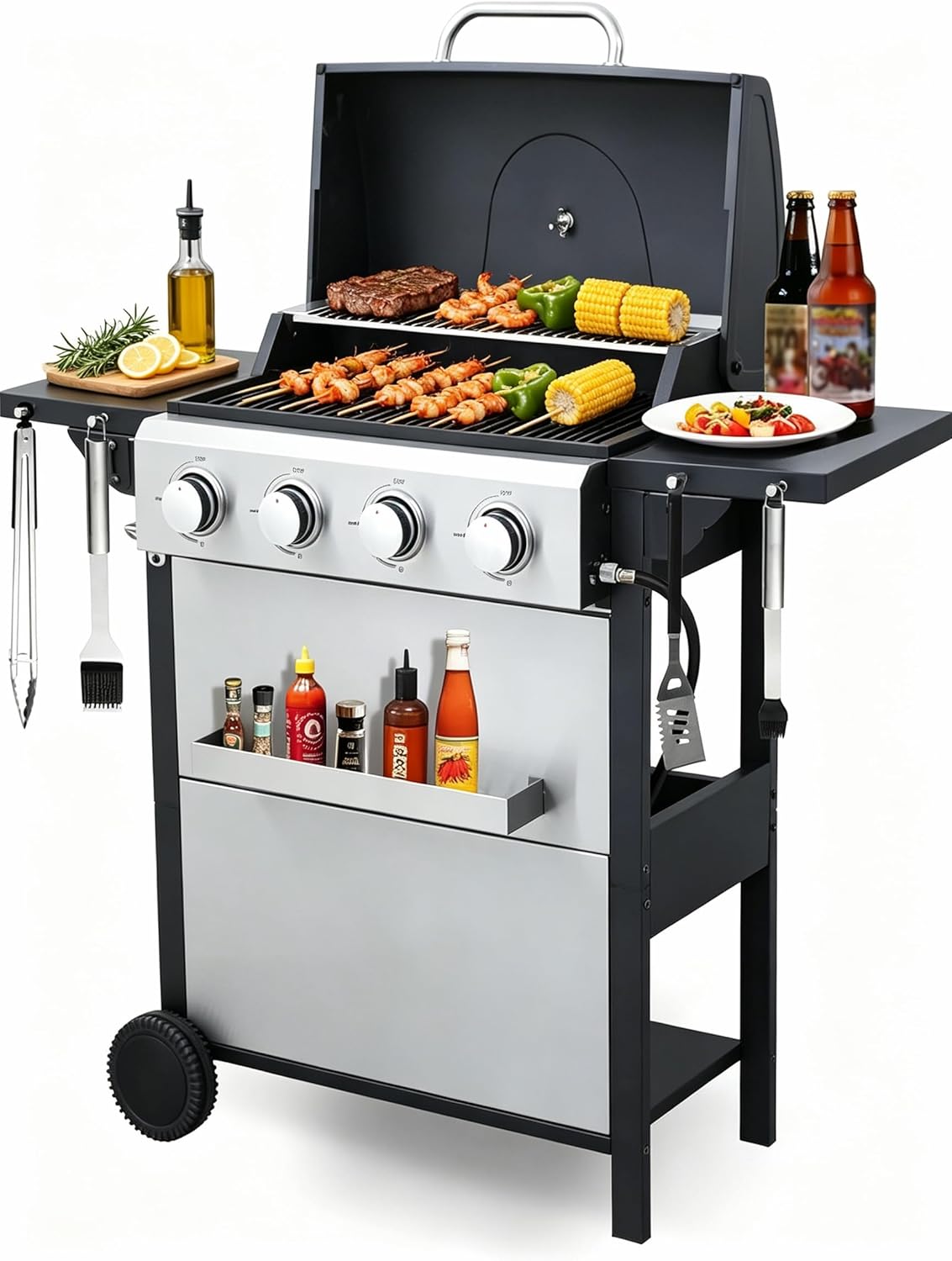 4 Burner Propane Gas Grill, 387 Sq.In Stainless Steel BBQ Grill with Foldable Side Table & Wheels, Portable Outdoor Gas Grill for Backyard Patio Camping, Easy Ignition & Thermometer