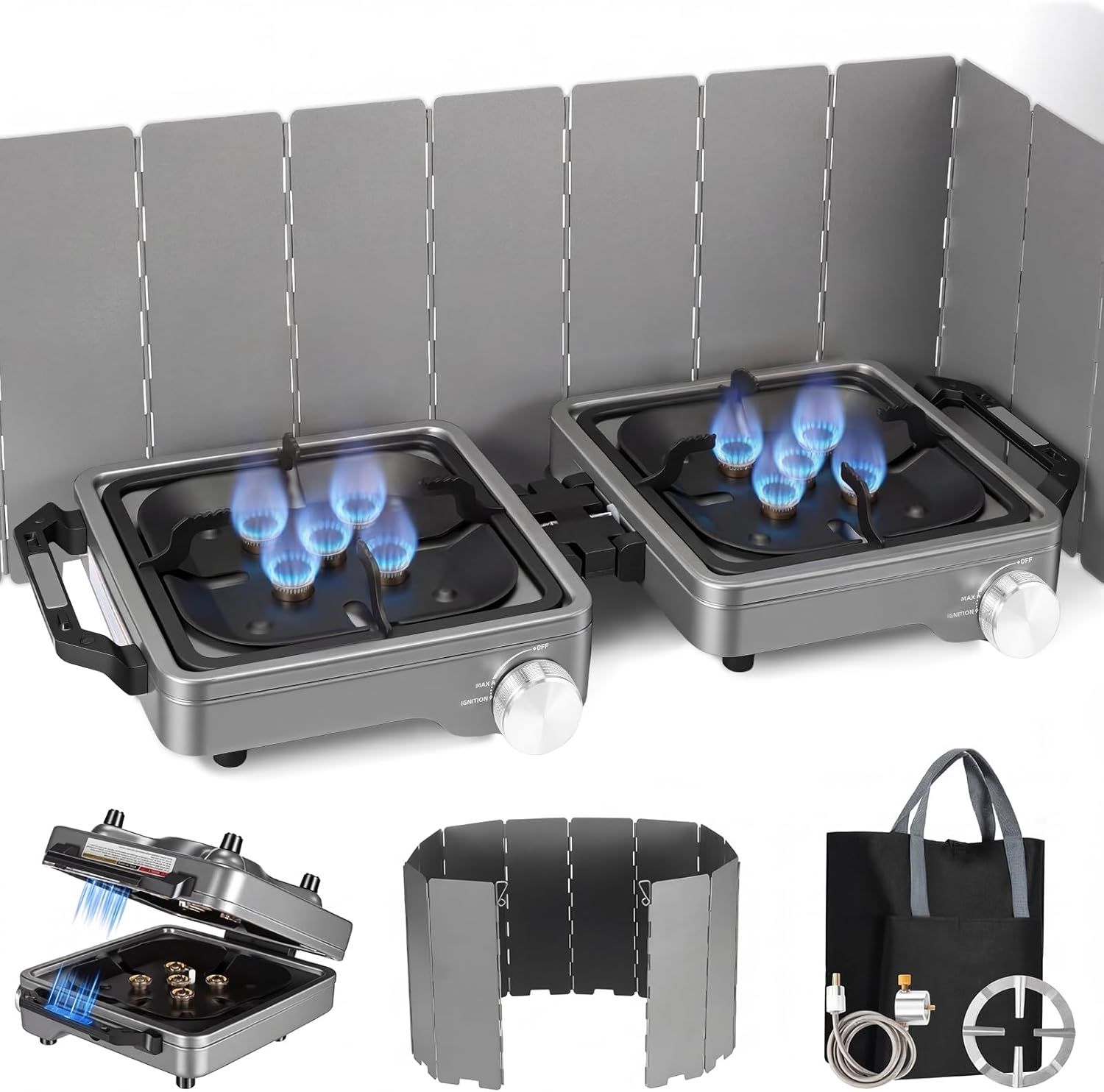 2-Burner Portable Propane Camping Stove, 24000 BTU Foldable Gas Stove Equipped with Windshield, Independently Adjustable Burners,Coffee Stand & Storage Carry Bag for Outdoor Cooking Camping Tailgating