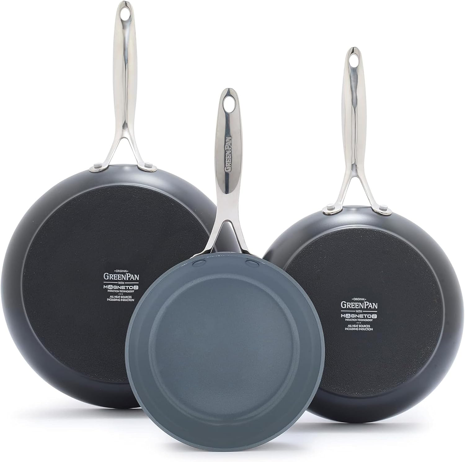 GreenPan Valencia Pro Ceramic Nonstick 8″ 9.5″ & 11″ Fry Pan Skillet Set, Hard Anodized PFAS-Free, Induction Ready, Compatible on All Cooktops, Dishwasher Safe, Oven Safe to 600F, Gray