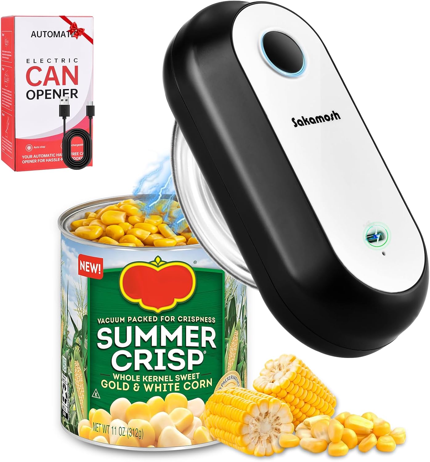 SAKAMOSH Electric Can Opener for Seniors Auto Stop, Hands Free Rechargeable Can Openers with Smooth Edge, One Touch Operation, Automatic Opener for Kitchen, Ideal Choice for Mom, Elderly