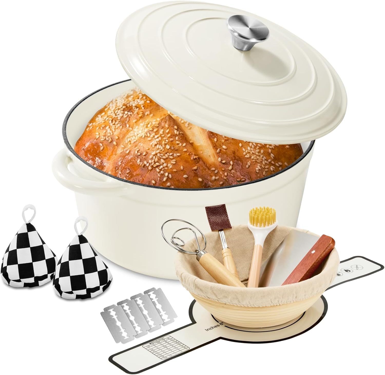 Enameled Cast Iron Dutch Oven with Lid -6.5 QT, incl. Sourdough Bread-Baking Supplies like Banneton Proofing Basket, Heavy Duty Cookware Bread-Oven for Baking, Stews, and Roasting, Cream White