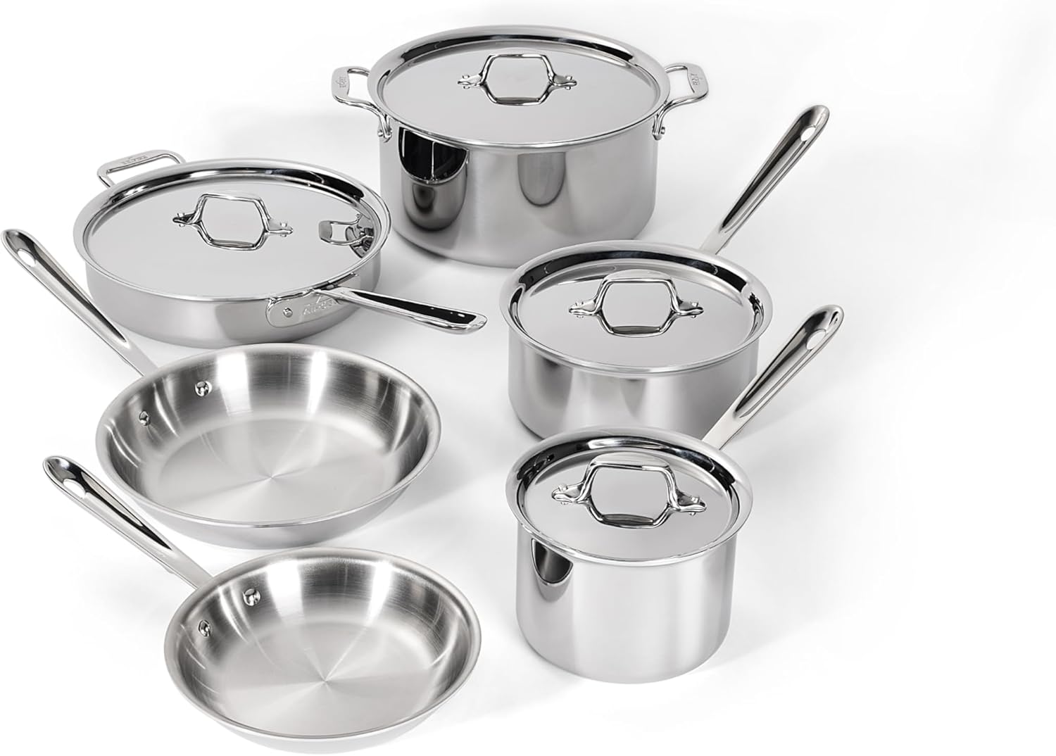 All-Clad D3® Stainless Steel 10 Piece Cookware Set- Made in USA- Includes Frying Pans, Saucepan, Sautépan, Stockpot – Professional Grade -Oven Safe & Induction Compatible