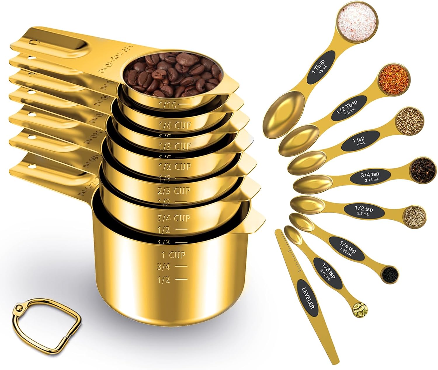 Gold Measuring Cups and Spoons Set of 15, 18/8 Stainless Steel, Includes 7 Nesting Metal Measuring Cups,8 Magnetic Measuring Spoons set – Ideal Kitchen Gadgets for Cooking and Baking Needs