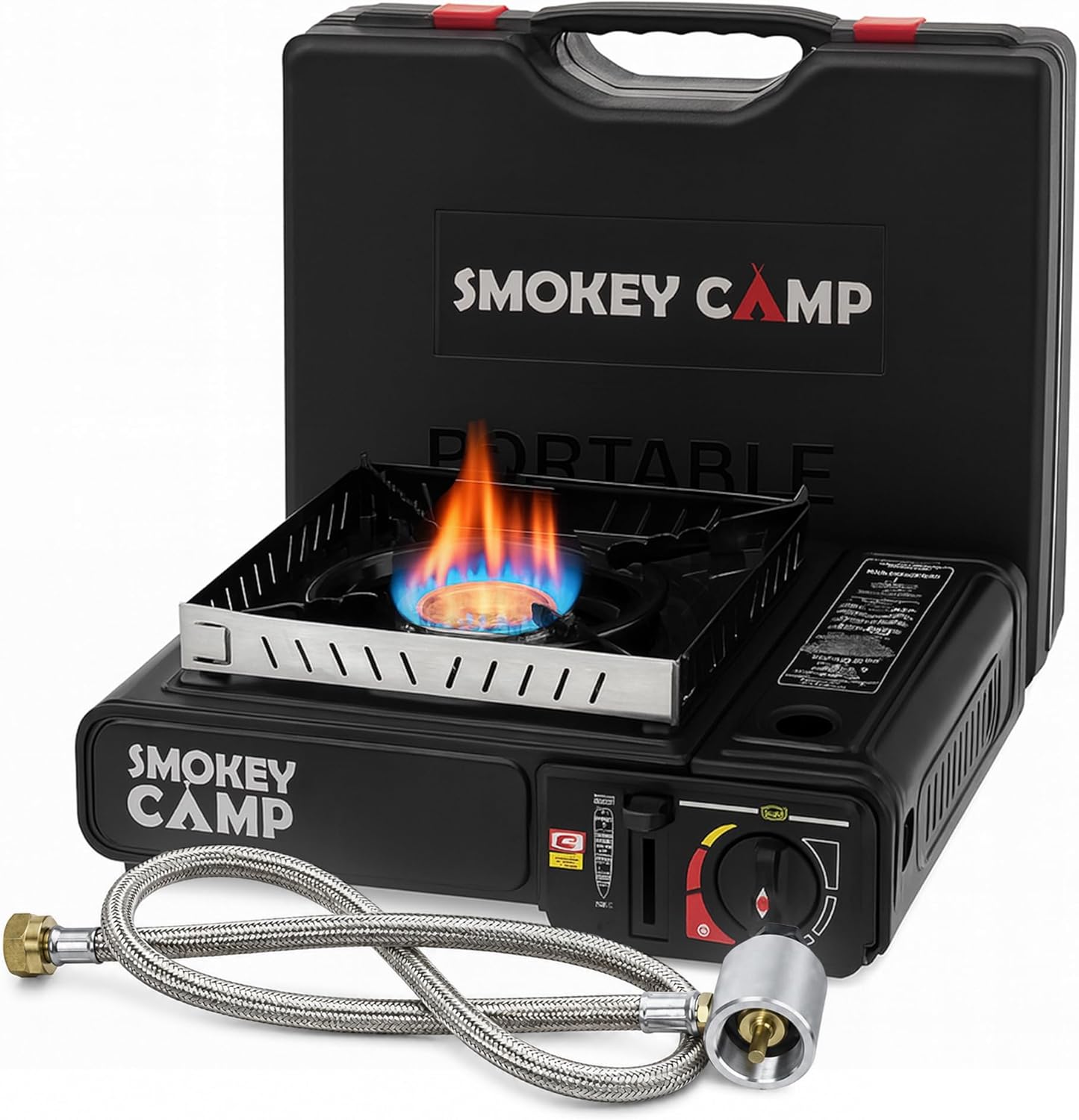 Portable Camping Stove, 3000W Dual Fuel Butane & Propane Gas Stove, Automatic Ignition, Adjustable Flame Control, Compact Backpacking Stove for Camping & Outdoor Cooking (with Adapter Pipe)