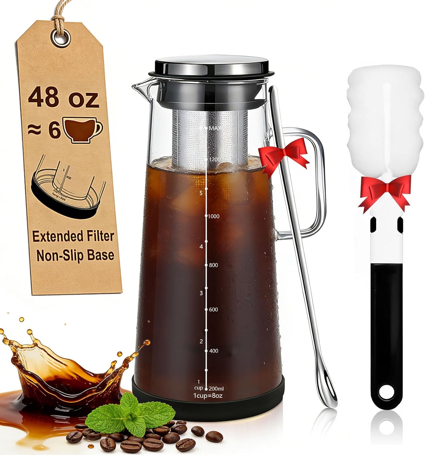 Cold Brew Coffee Maker 48oz/1.4L, Airtight Glass Carafe with Extended Fine Mesh Stainless Steel Filter, Iced Tea & Fruit Pitcher with with Handle and Removable Base