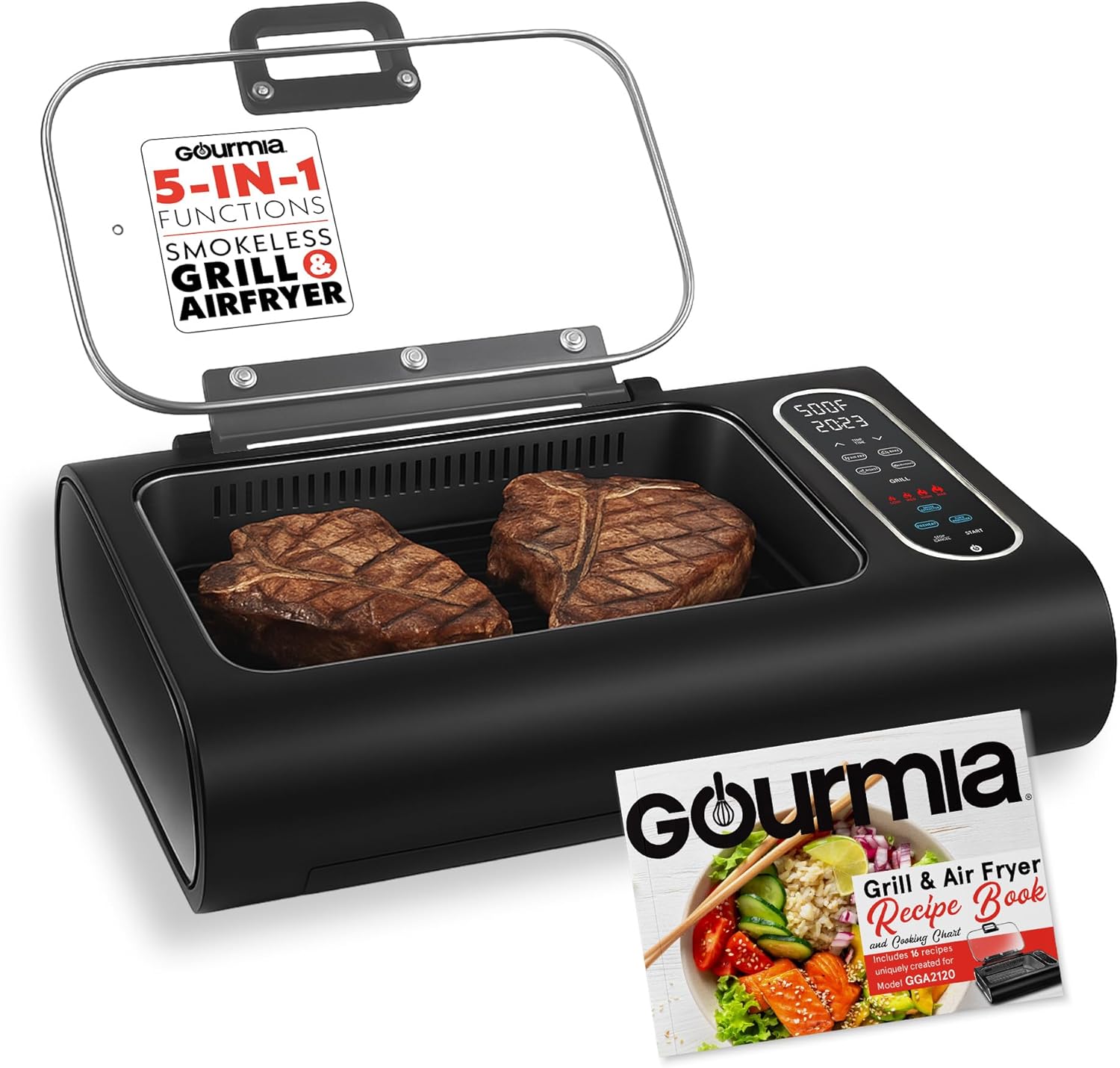 Gourmia Smokeless Indoor Grill – Air Fryer Combo with Smoke Extractor, 5 Cooking Presets, Grill, Air Fry, Roast, Bake, Dehydrate, Countertop Cooker, Glass Lid