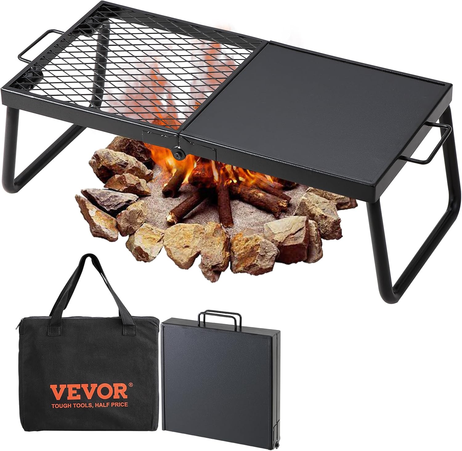VEVOR Folding Campfire Grill, Heavy Duty Steel Mesh Grate, 22.4″ Portable Camping Grates Over Fire Pit, Camp Fire Cooking Equipment with Legs Carrying Bag, Grilling Rack for Outdoor Open Flame Cooking