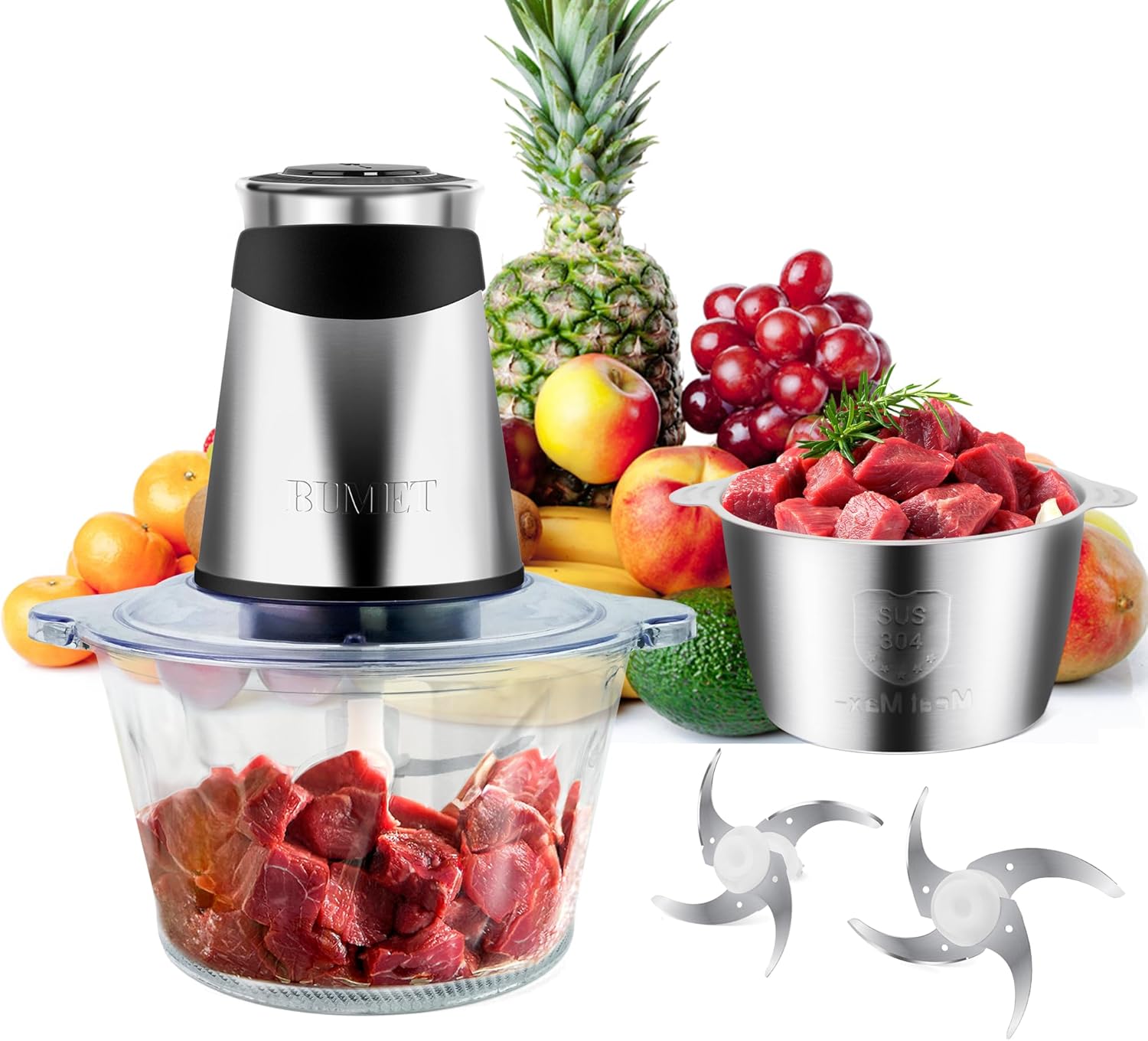 BUMET Electric food processor vegetable chopper 500W 2x8cup bowls 2 bi-layer 4 blades Small Food chopper ideal as Electric Meat grinder for home use,Mincing,chopping for kitchen aid,baby foot,pet food