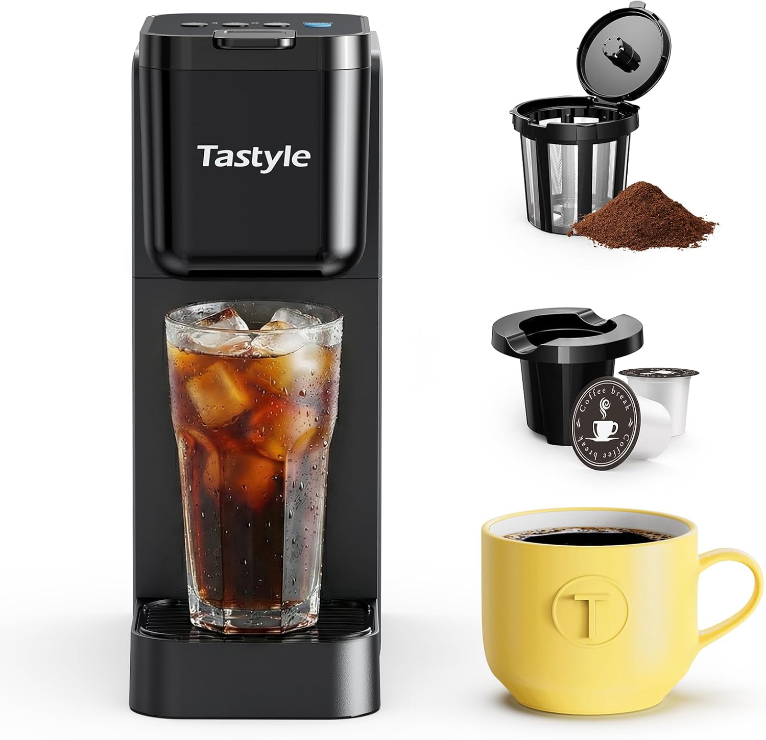 Tastyle Single Serve Coffee Maker for K Cup and Ground Coffee | Brew up to 16 Oz, Fits 7.3” Travel Mug | Hot, Bold & Over Ice | Compact for Office, RV& Hotel, Classic Black (3.0 Version)