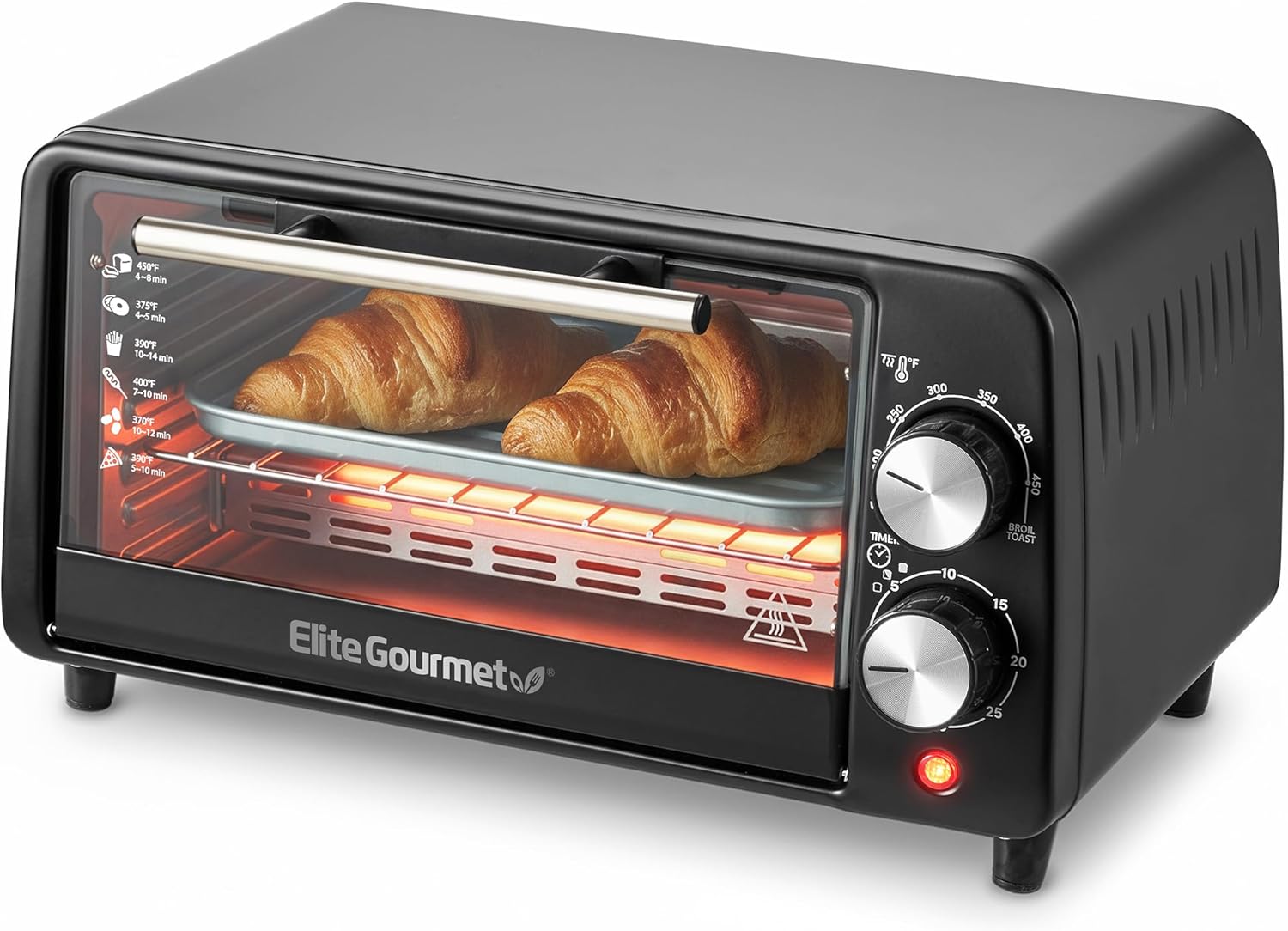Elite Gourmet ETO449X Countertop Toaster Oven, 9.5Qt / 4-Slice Capacity, Fits 8” Pizza, 800W Quartz Heating, 200–450°F Adjustable Temperature, 30-Min Timer, Compact Mini Oven, Black