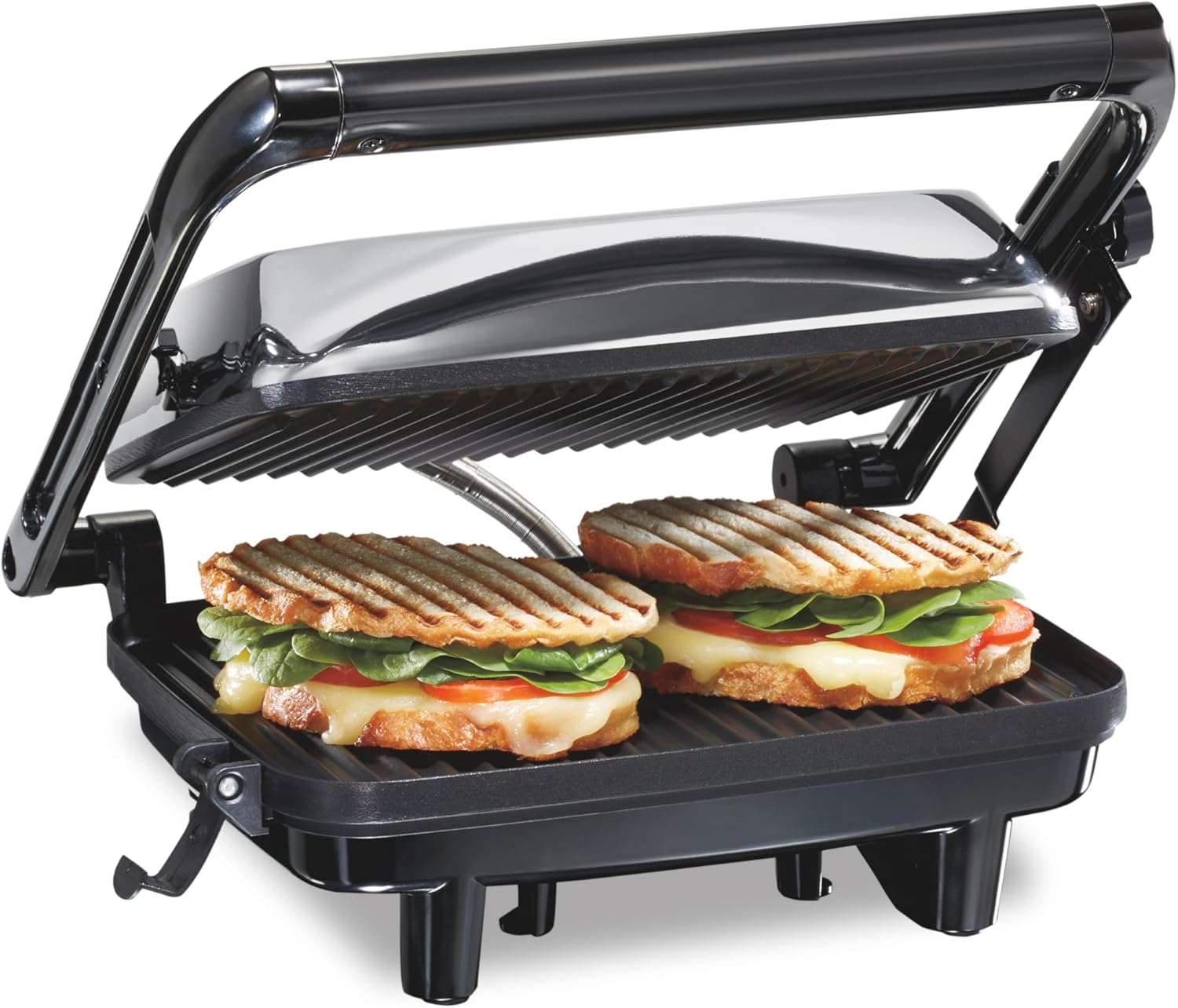Hamilton Beach Panini Press Sandwich Maker & Electric Indoor Grill with Locking Lid, Opens Wide to Fit Any Thickness for Quesadillas, Burgers & More, Nonstick 8″ x 10″ Grids, Chrome (25460MNA)