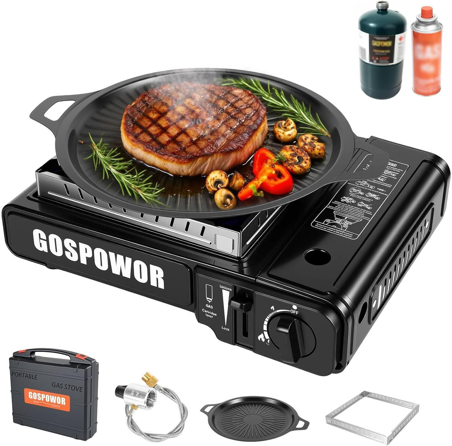 Propane or Butane Stove with Windblocker, Dual Fuel 10,000 BTU Portable Gas stove for Camping, Automatic Ignition Gas Stove with Adapter Hose Carrying Case & Griddle for Hiking (Fuel Not Included)