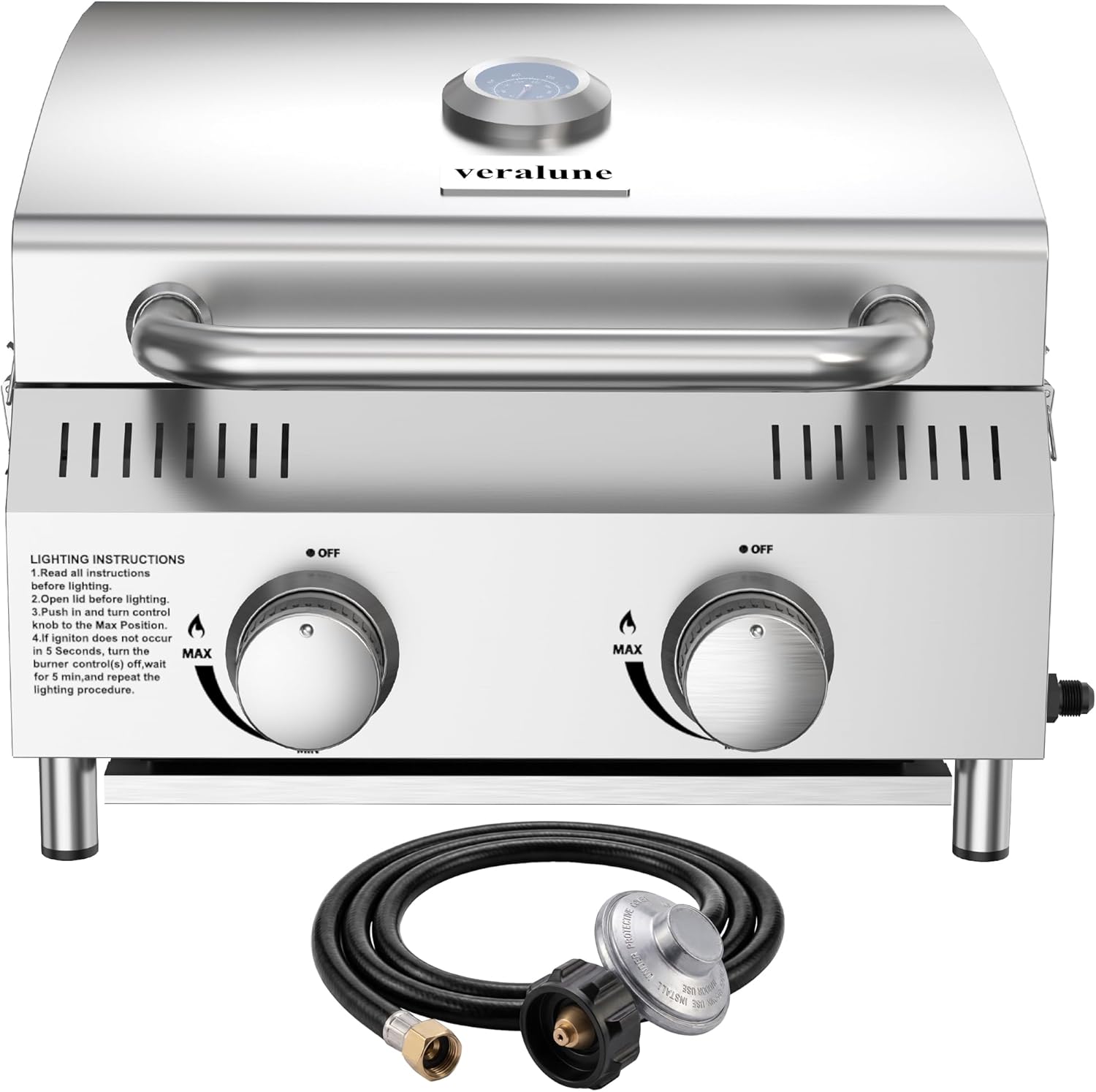 Veralune Tabletop Gas Grill, Small Propane Grill, 22,000 BTUs, Locking Lid | Portable Gas Grill, 2 Burner Grill, Stainless Steel, Large Cooking Surface, Built-in Thermometer, for Outdoor Cooking