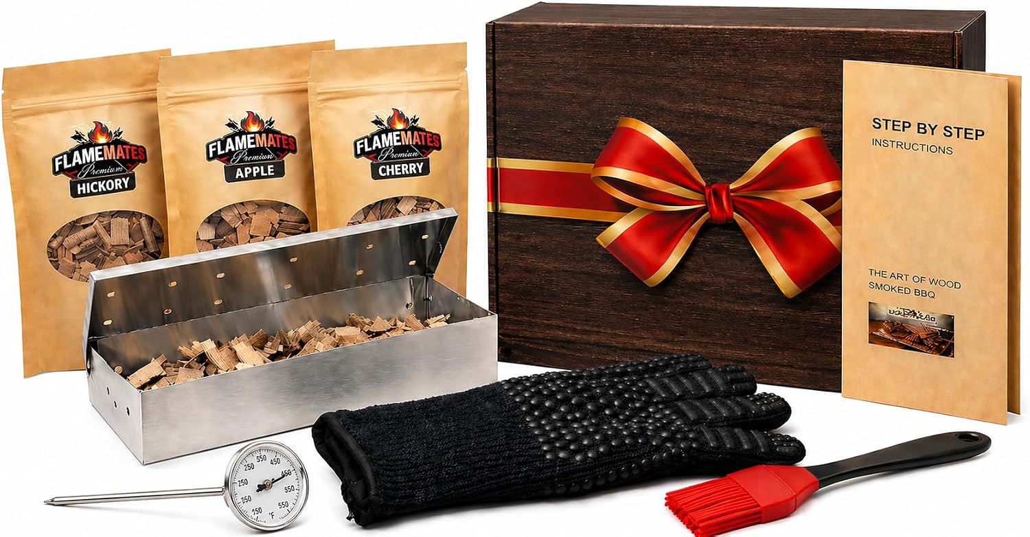 Deluxe BBQ Smoker Kit with Grilling Accessories | Includes Smoker Box, Basting Brush, Meat Thermometer, Heat-Resistant Glove, Instruction Manual, & 3 oz Hickory, Cherry & Apple Wood Chips