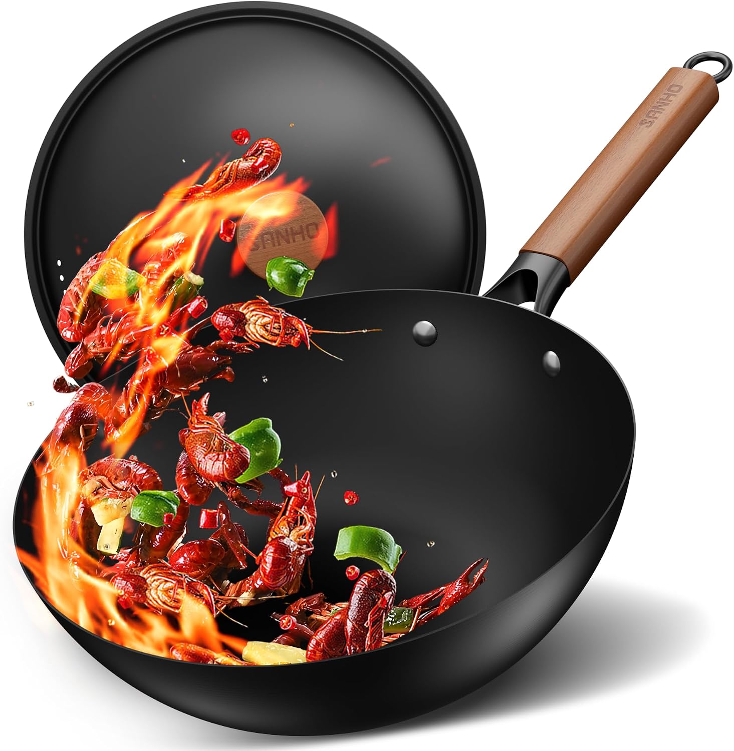 Sanho 12 Inch Carbon Steel Wok Pan, 4QT Woks & Stir-Fry Pans Nonstick with Lid, No Seasoning Required & 0 Coating, Compatible with All Cooktops & Utensils for Stir Fry, Pan-Fry, Steam, Camping