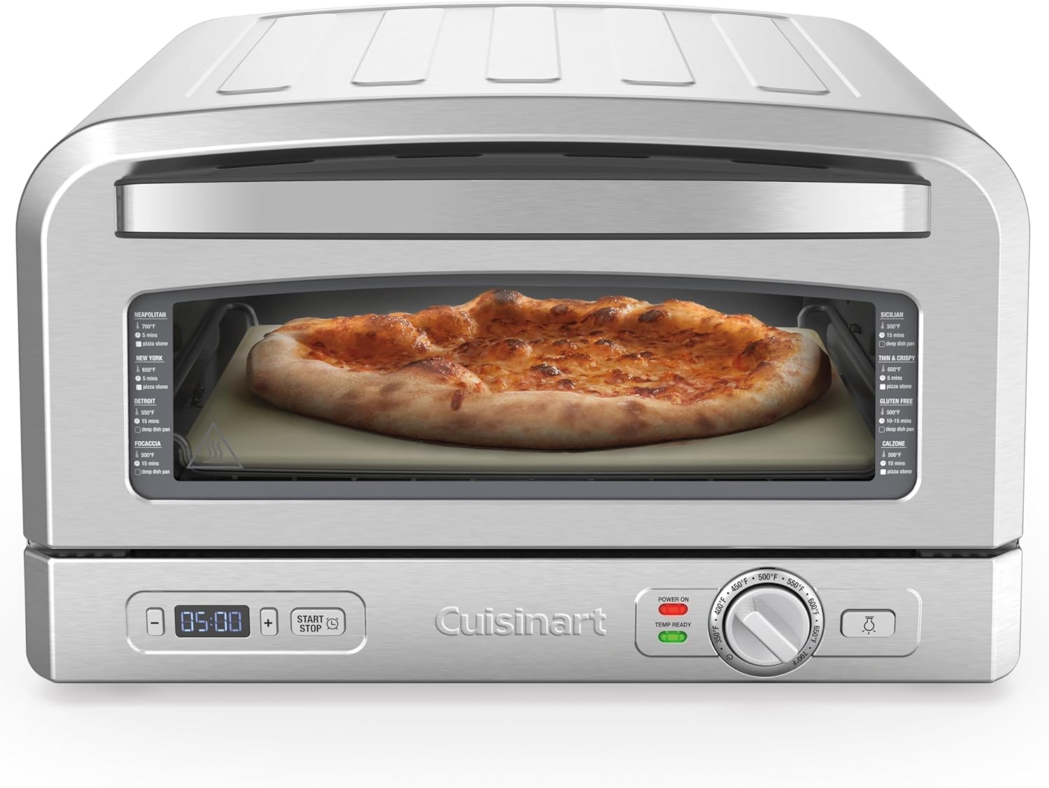 Cuisinart Indoor Pizza Oven, Bakes 12″ Pizzas in Minutes, Countertop Electric Pizza Oven Heats up to 700°F, Large Viewing Window, Interior Light, Includes 12.5″ Pizza Stone, CPZ-120, Stainless Steel