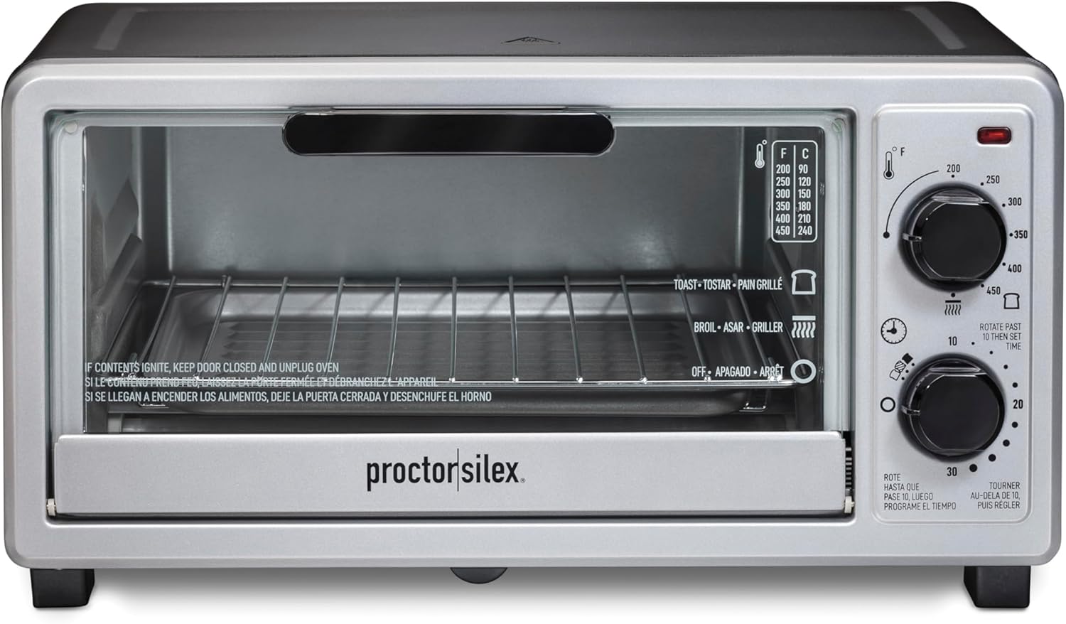 Proctor Silex 4 Slice Countertop Toaster Oven, Multi-Function with Bake, Toast and Broiler, 1100 Watts, 30 min timer and auto-shutoff, Includes Backing Pan and Rack, Black and Silver (31260)