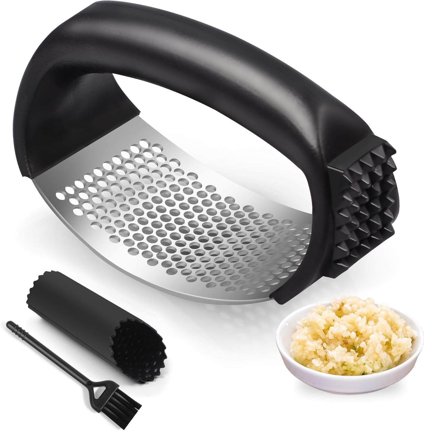 Pomyter Garlic Press Rocker, Stainless Steel Garlic Mincer and Garlic Crusher, Easy-Squeeze Garlic Tool with Peeler and Cleaning Brush for Smashing Garlic