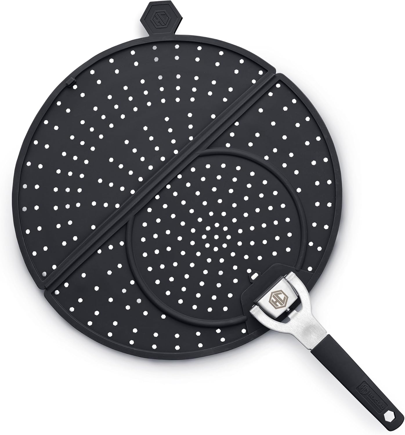 HexClad Grease Splatter Screen for Frying and Searing, Fits 10 and 12-inch Pans, Dishwasher-Safe, Folding Design, Heat-Safe to 480°F, Stay-Cool Locking Handle, Silicone and Stainless Steel