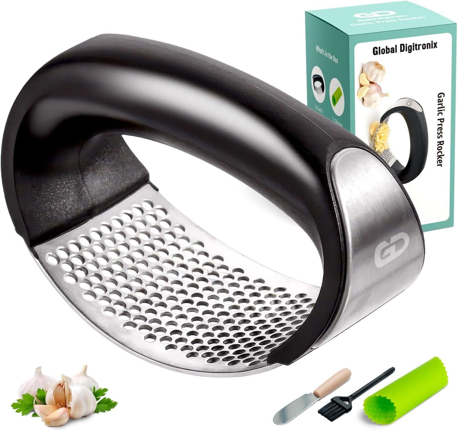 Garlic masher press rocker, crusher, mincer tool stainless steel with a Garlic Peeler, spatula, and Brush extract more Garlic Paste. The Garlic Mincer Tool Squeezes, Extracts, Crushes