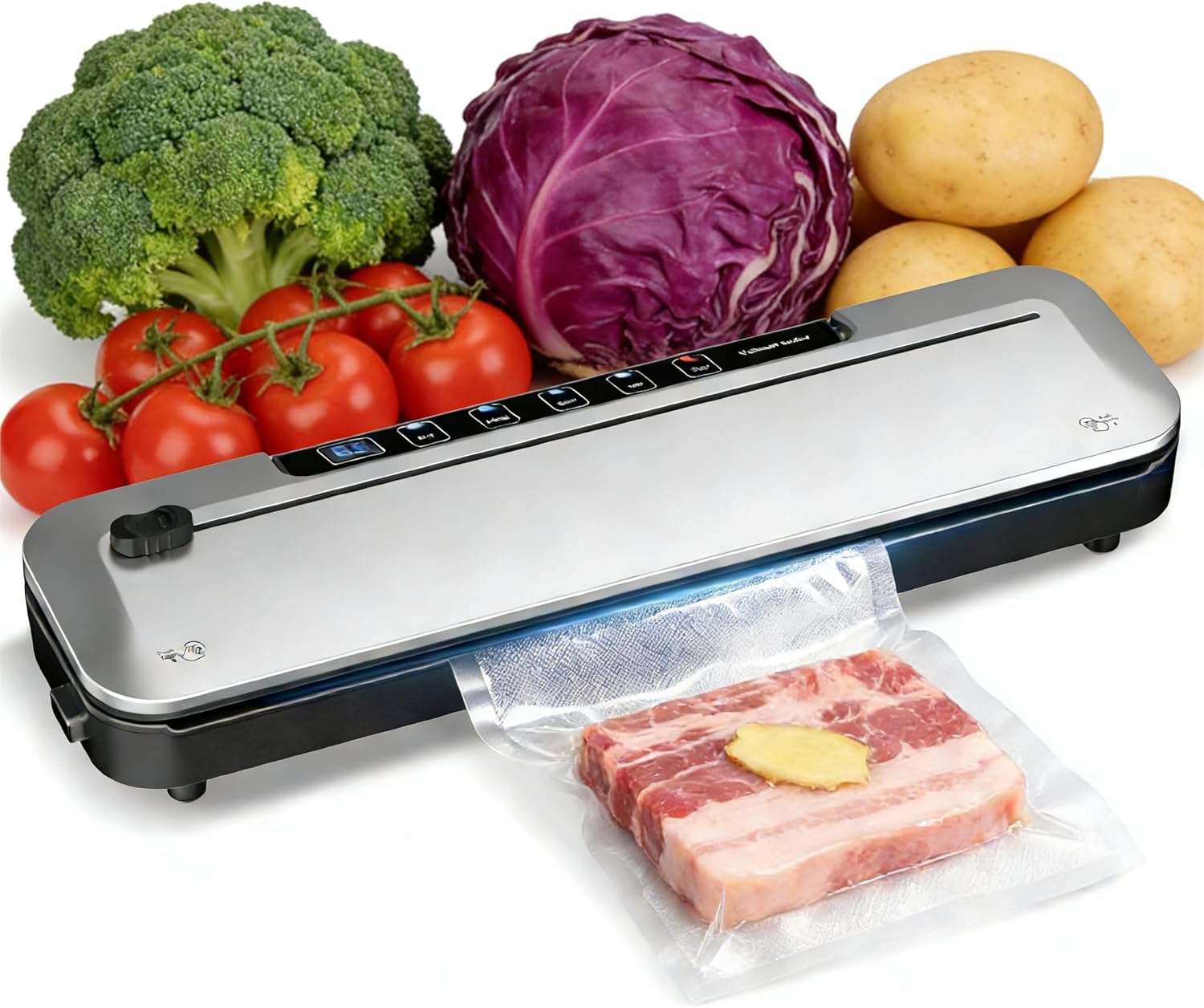 75KPa Vacuum Sealer,6-in-1 Dry/Moist Timer Built Cutter 10 Bags Compact Black Silver