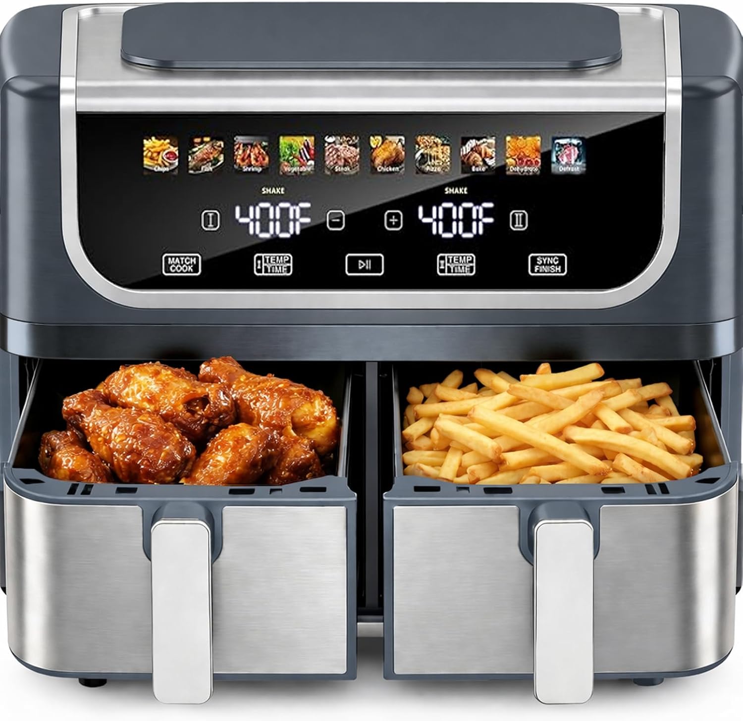 Simple Deluxe 9.5-Qt Dual Basket Air Fryer, 10-in-1 Digital Preset 1700W Airfryer, Sync Cook, Independent Temp Control, Shake Reminder, Nonstick Basket, Grey