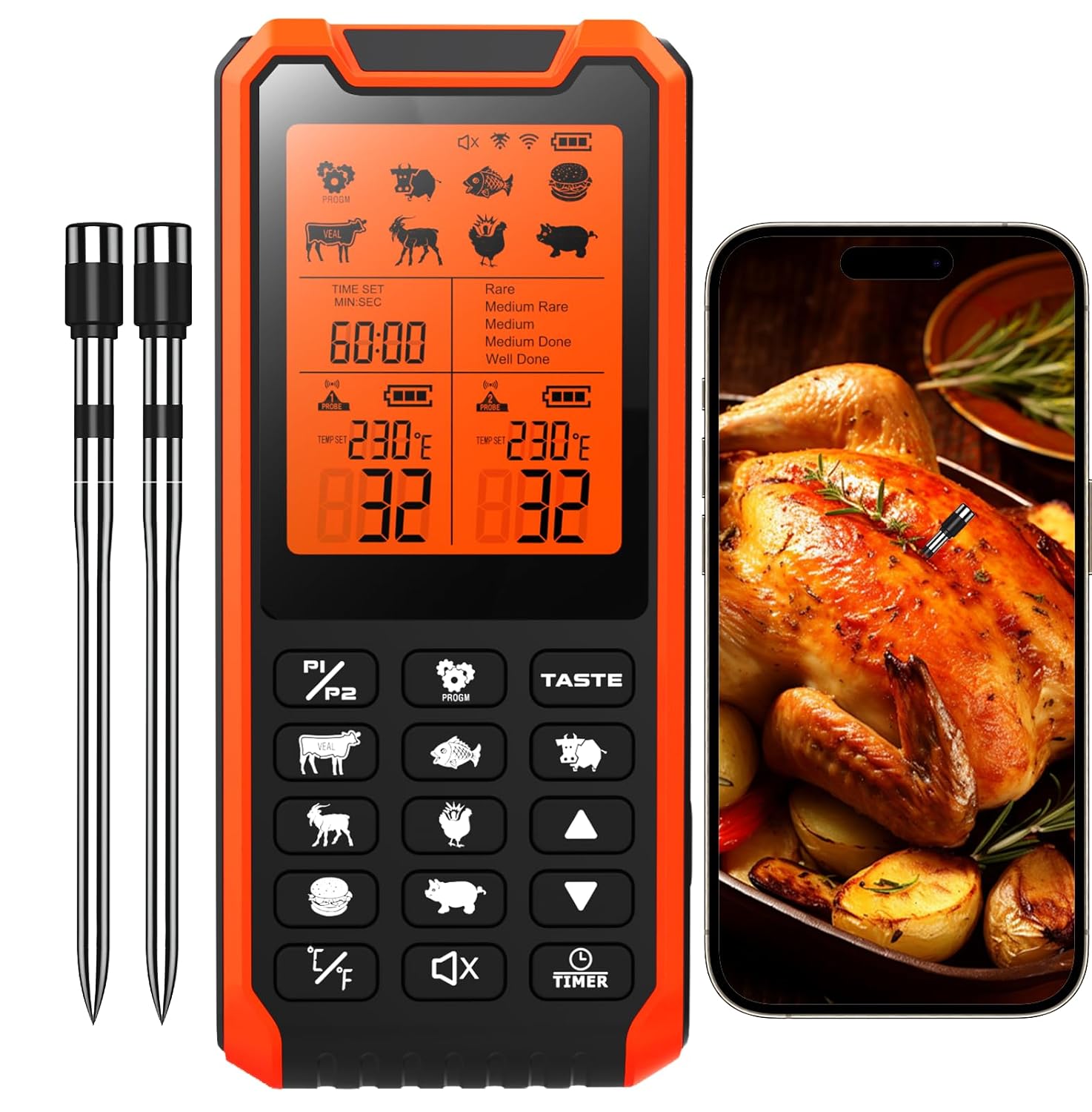 HOPEPOP Wireless Meat Thermometer Digital – NIST Certified Accuracy, Dual Monitoring Standalone Large LCD Base & App Control, 2 Meat Probes for Grill BBQ Smoker Oven (Orange)