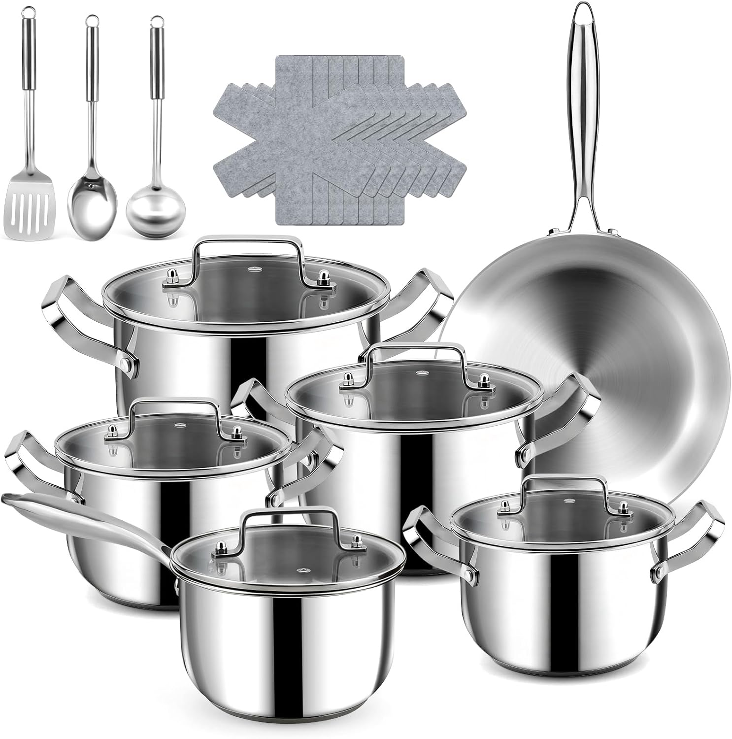 Stainless Steel Cookware Set – 21 PCS Kitchen Cookware Sets with 3-Ply Frying Pan, Even Heating, Cool Handle, Chef Quality Cooking Set, Pots and Pans Set Induction Ready, Dishwasher Safe